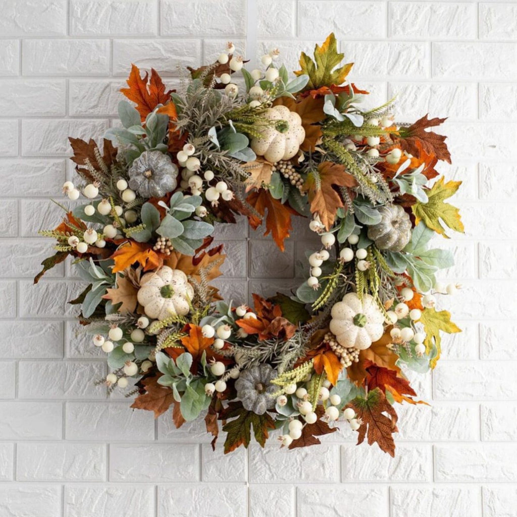 Fall Wreath - Halloween Decorative Autumn Garland with Pumpkin Accents, Handmade Style Seasonal Wall Decor, Vibrant Harvest Door Circle Ornament