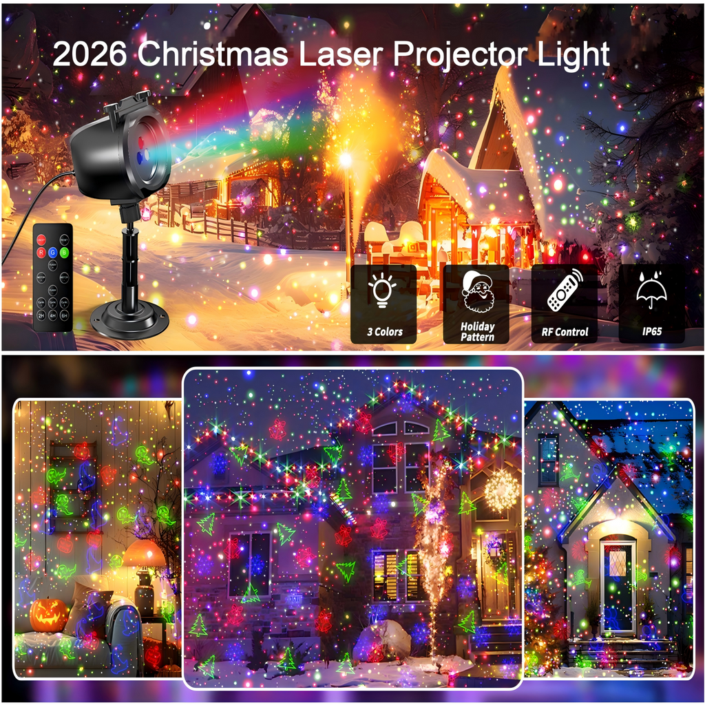 Christmas Laser Projector Lights Outdoor – RGB 3 Color Laser Light with 24 Patterns, IP65 Waterproof Starry Firefly Light Show for Garden Yard Holiday Party & Year-Round Decor