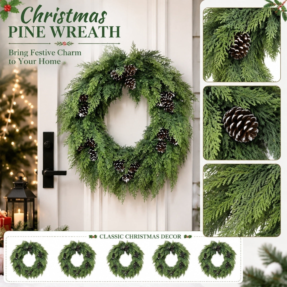 Christmas Pine Wreath, Outdoor Christmas Decorations, Xmas Door Wreath for Home, Holiday, Party, Fireplace, Mantle, Wall, Windows Decor