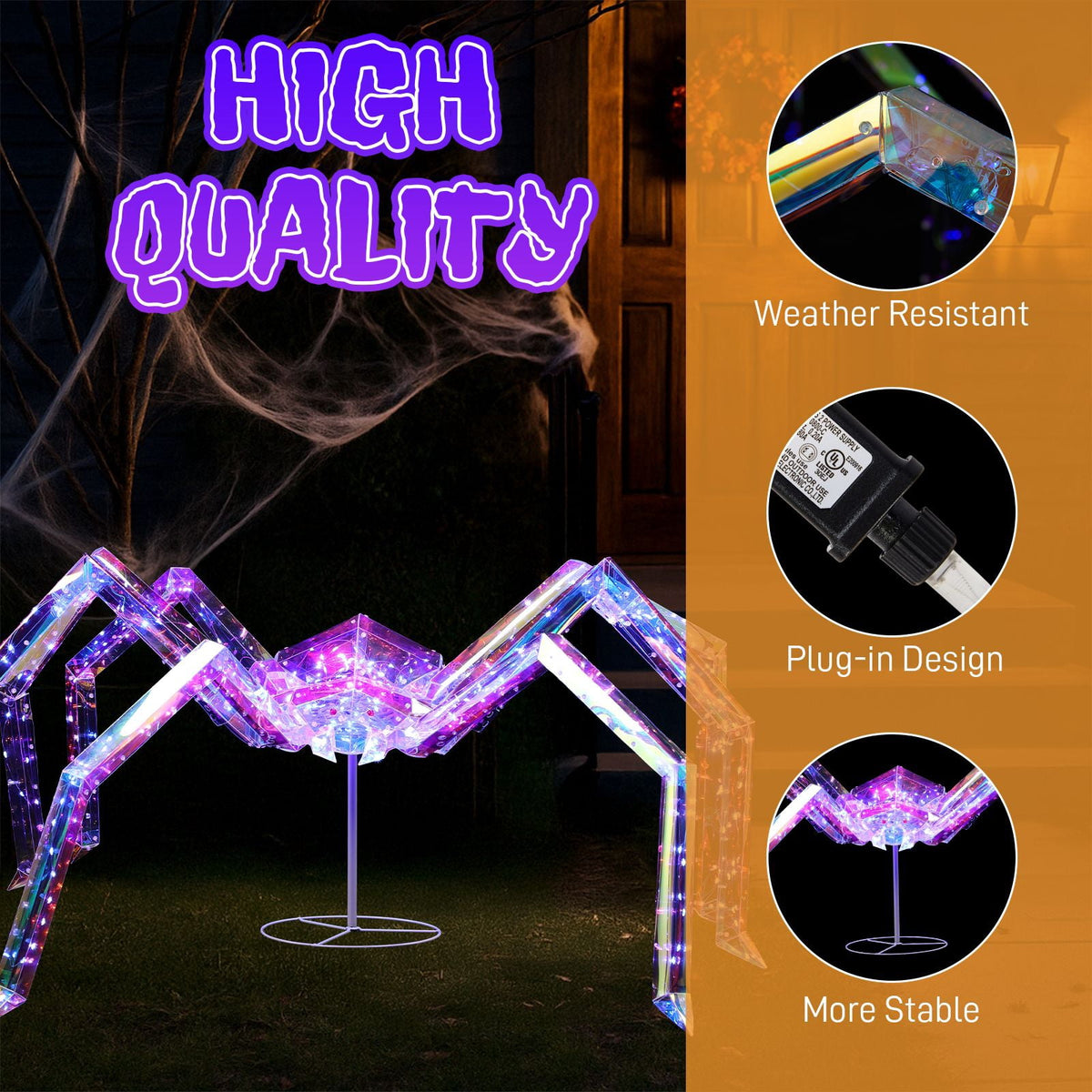3FT Light Up Halloween Spider - Iridescent Outdoor Decoration with 340 LED Lights for Yard, Porch, and Garden Parties