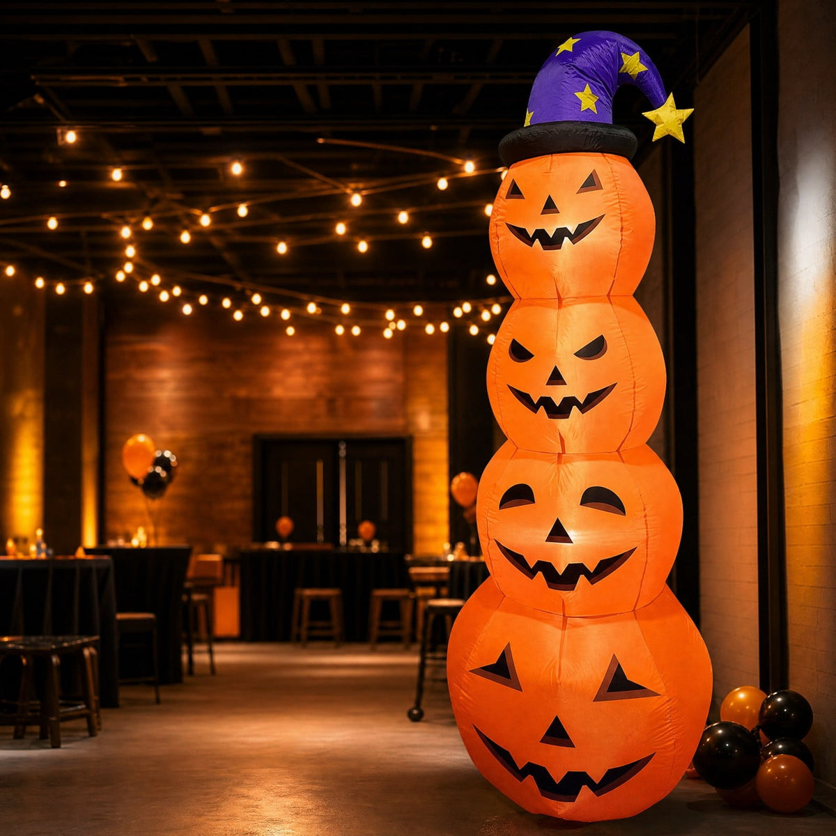 8FT Inflatable Stacked 4 Pumpkins Tower with Wizard Hat, LED Light Up Blow Up Pumpkin Yard Decoration, Waterproof Outdoor Halloween Lawn Ornament for Front Yard Garden Party