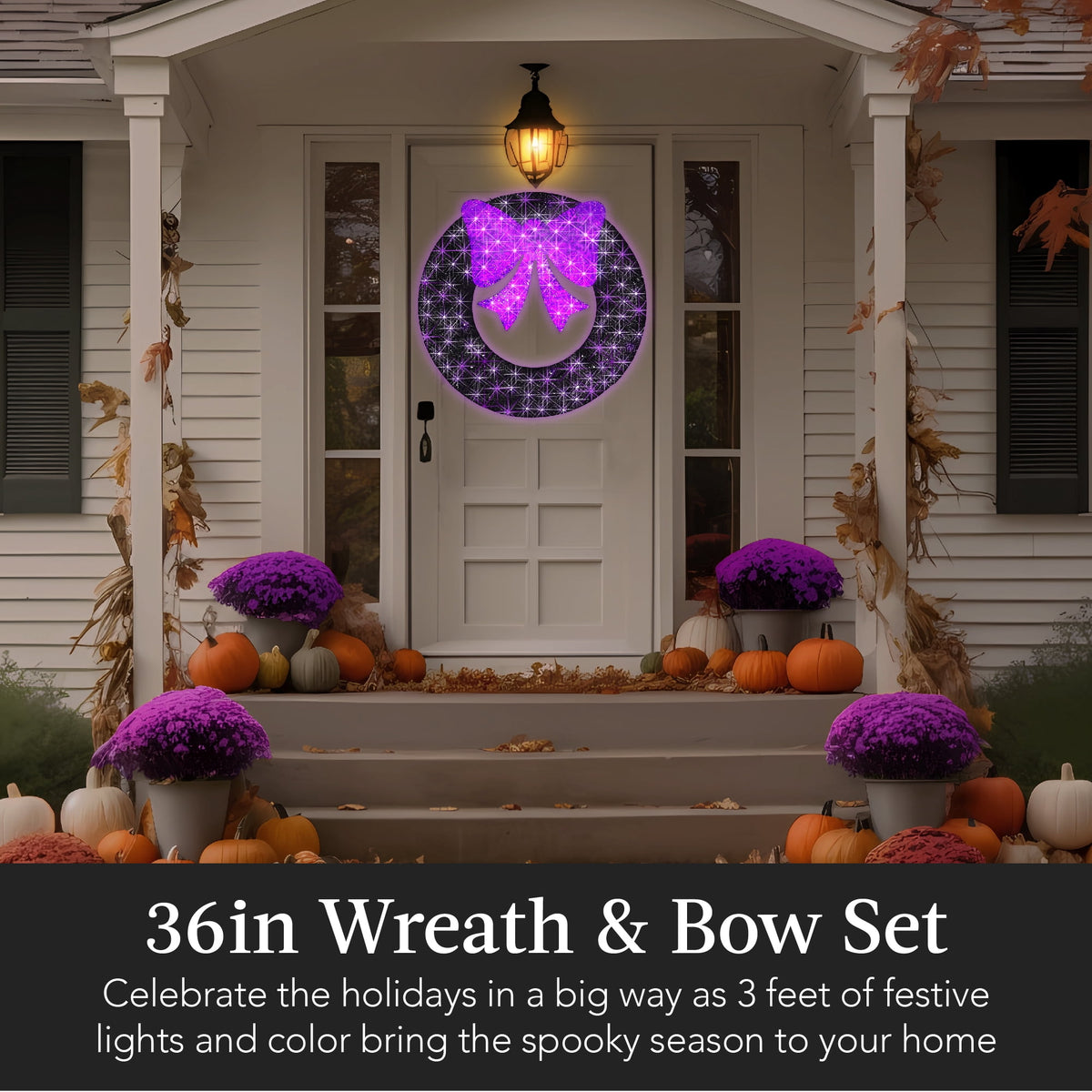Best Choice Products 36in Pre-Lit Outdoor Halloween Wreath, LED Metal Holiday Decor w/ 120 Lights, Bow - Purple/Black