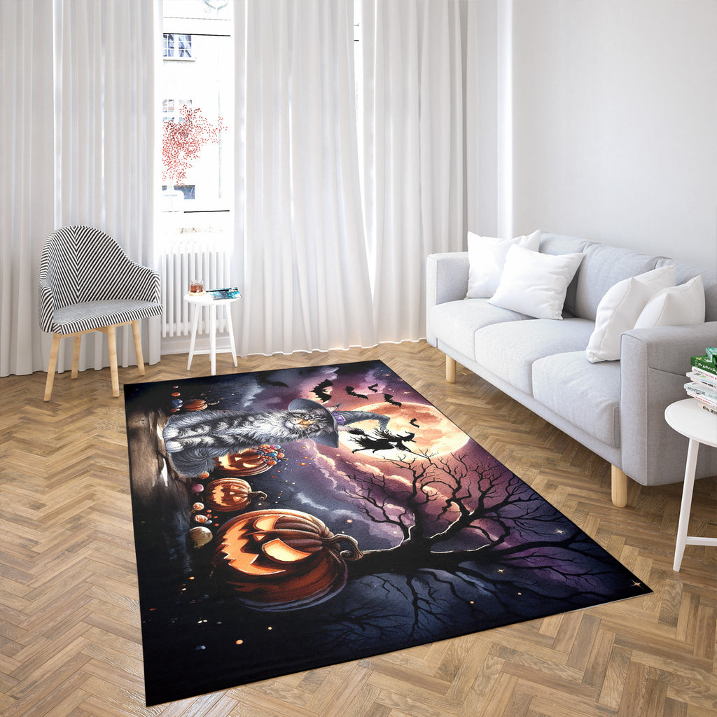 Spooky Halloween Night Witch Maine Coon Glowing Pumpkins Indoor Rug Cat Lover Kitten Owner Gifts Carpet Living Bed Room Sofa Home Decor - 12015