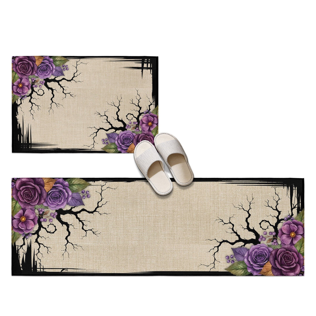 Halloween 2 Pieces Non-Slip Kitchen Mat Set, Dark Romantic Vintage Purple Rose Goth Tree Linen Texture Soft Door Mat with Rubber Backing, Dirtproof Rugs for Entrance Doorway, 19.7x31.5in+19.7x47.2in
