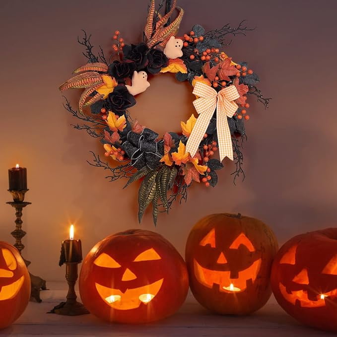 "halloween d rLinTimes Halloween Wreaths for Front Door, 26Inch Ghost Wreath with Ribbon Black Rose Maple Berries Feather for Indoor Outdoor Wall Window Front Door Porch Mantle Halloween D ration "