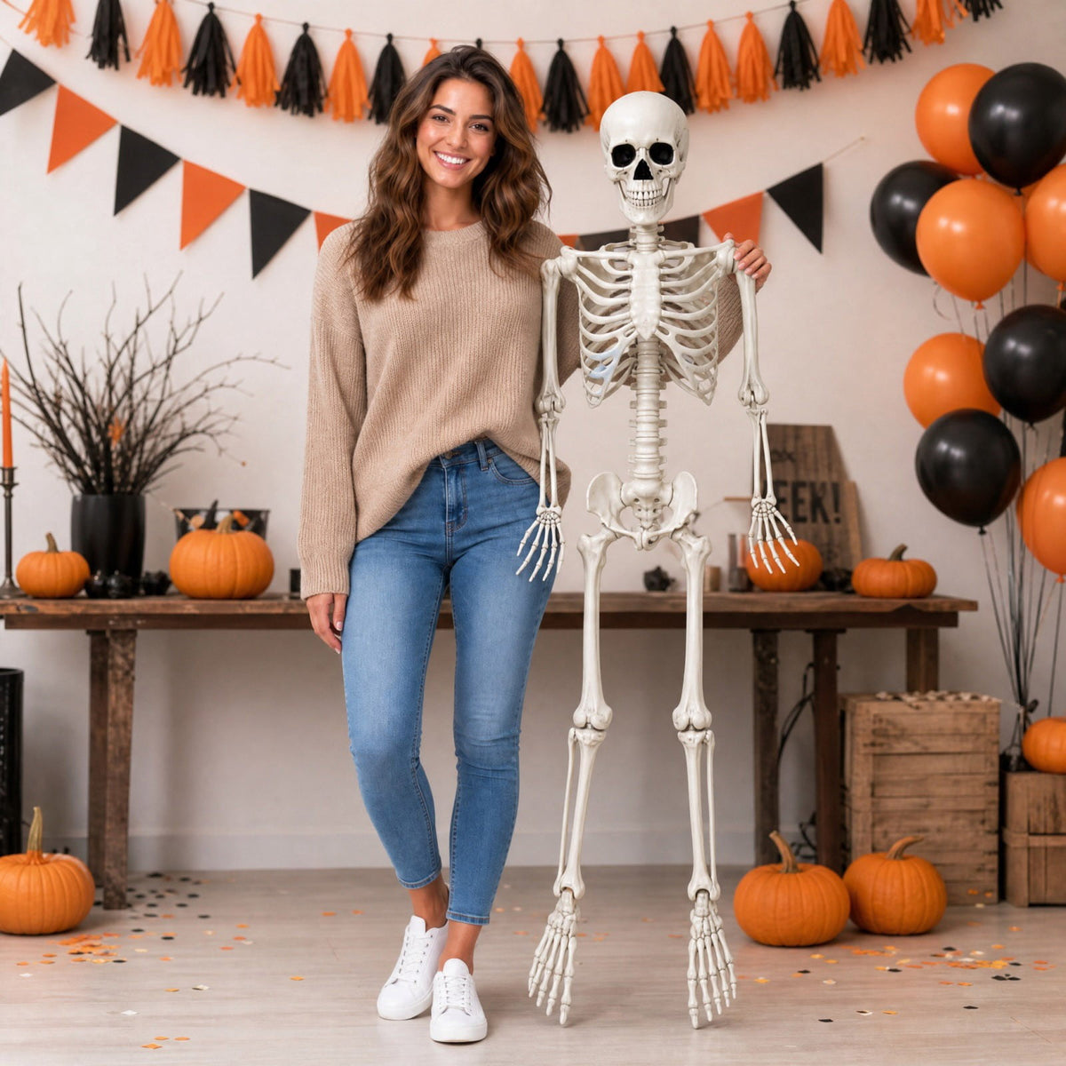 Halloween 165*39Cm Realistic Simulation Posable Skeleton Decoration 1Pc- Realistic Human Skull Model With Flexible Joints For Halloween Party And House Props