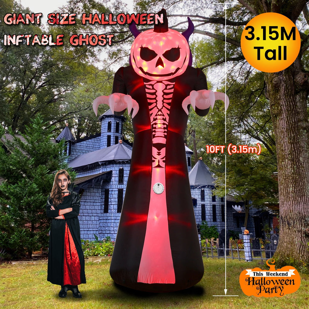 10FT Halloween Inflatable Outdoor Decoration 7 Color RGB Light, Scream Sound Grim Reaper Ghost Halloween Inflatables with Pumpkin Head, Blow Up Yard Decorations for Holiday Party Garden