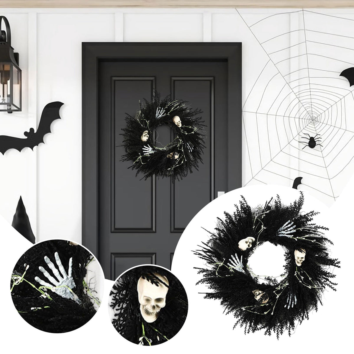 XHKUYI Halloween Skeleton Wreath 19.7 Inch, Black Skull Hand Halloween Wreath with Bone Details and Spooky Round Door Accent, for Front Door, Porch Wall, Haunted House Party, Indoor Entry Decor