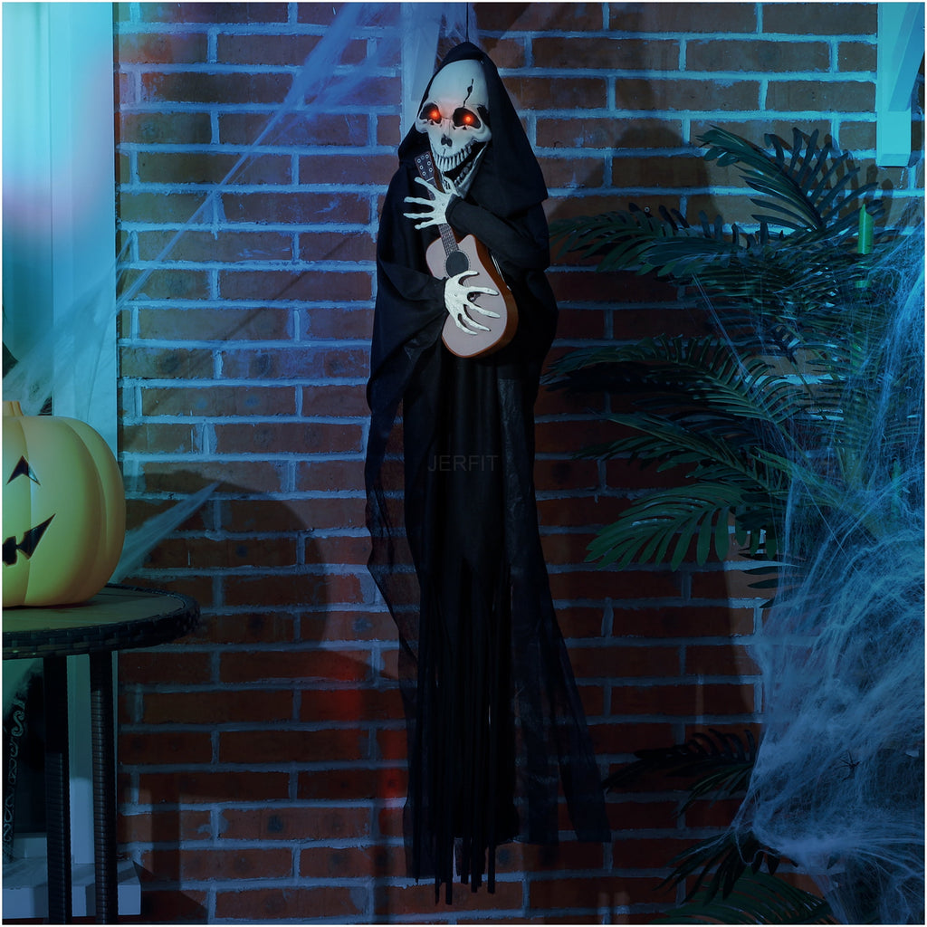 JERFIT Halloween Animatronic Grim Reaper Prop with Motion Sound Activation, Light Up Eyes and Guitar Music for Scary Outdoor Indoor Decor
