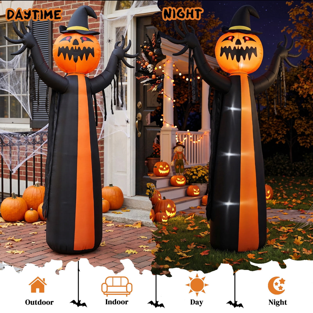 10ft Halloween Inflatable Pumpkin Ghost with Rotatable Head and 6 LED Lights