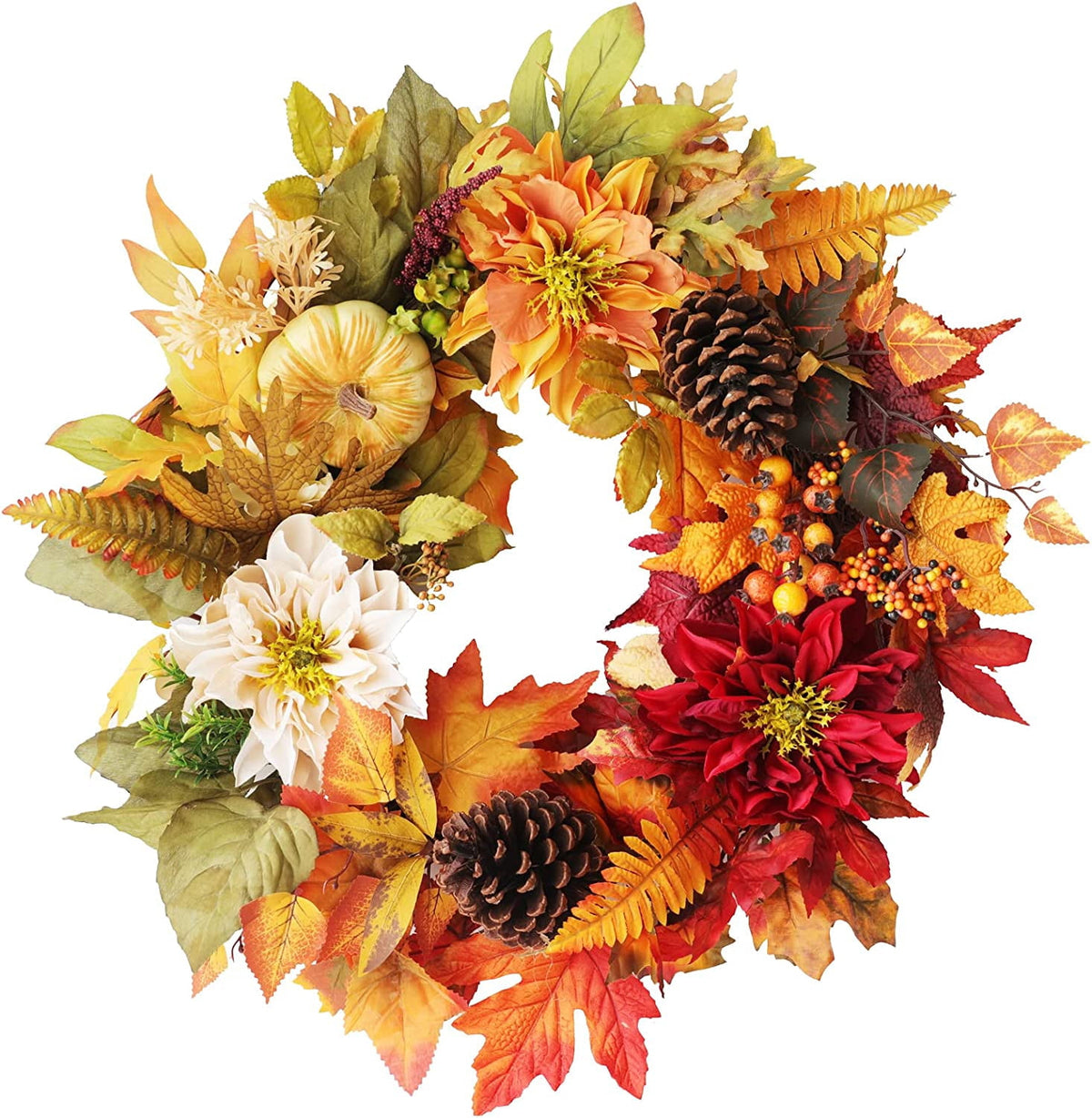 24 Inch Fall Wreaths for Front Door Outside, Fall Door Wreath with Pumpkins,Dahlia,Sunflowers, Maple Leaves,Autumn Wreaths Decorations for Harvest Thanksgiving Halloween Indoor Outdoor Home Decor