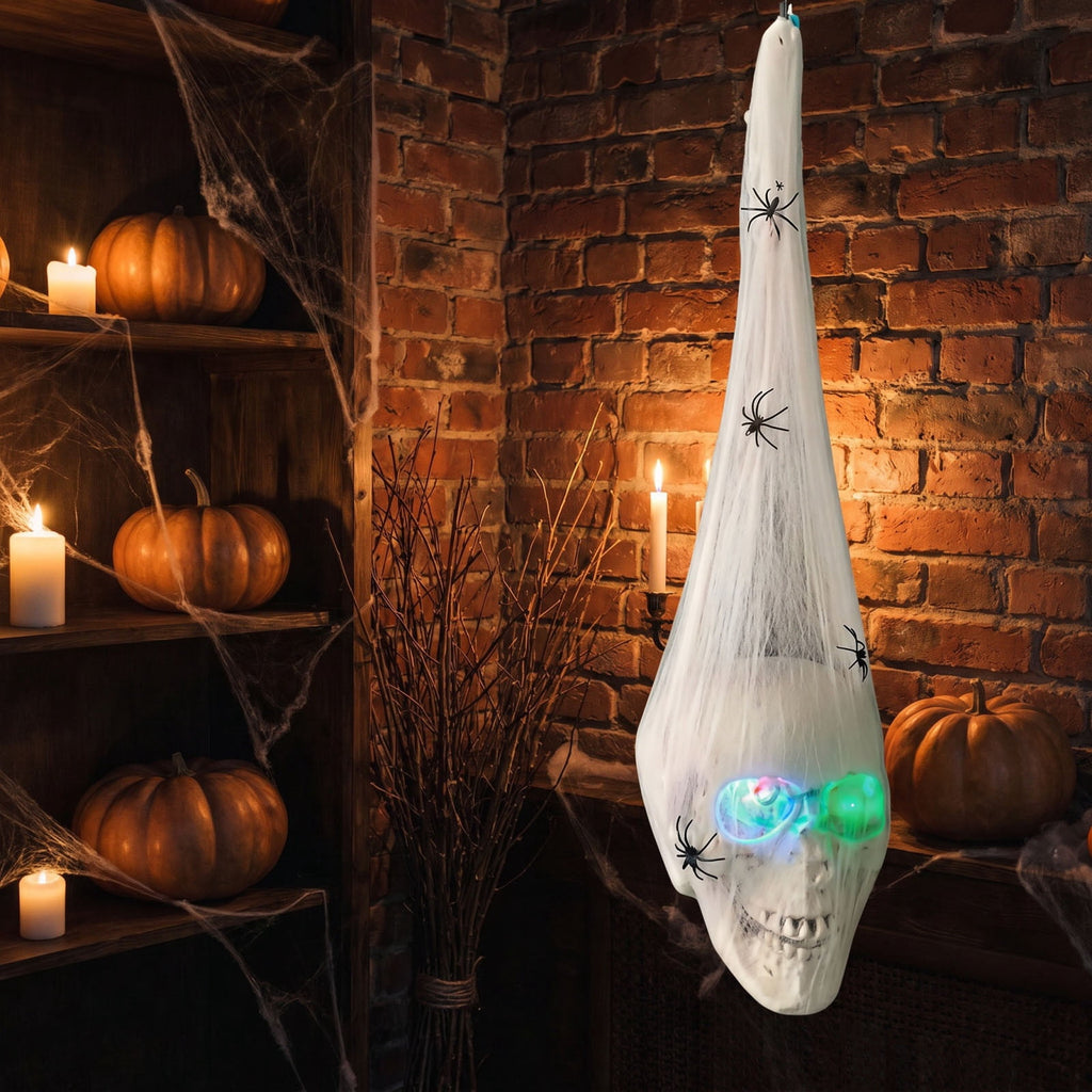 Spooky Hanging Decoration 25.6 Inch Glowing Skeleton Skull with Led Eyes, Gauze Wrapped Scary Ornament for Halloween Party, Indoor Outdoor Yard Decor