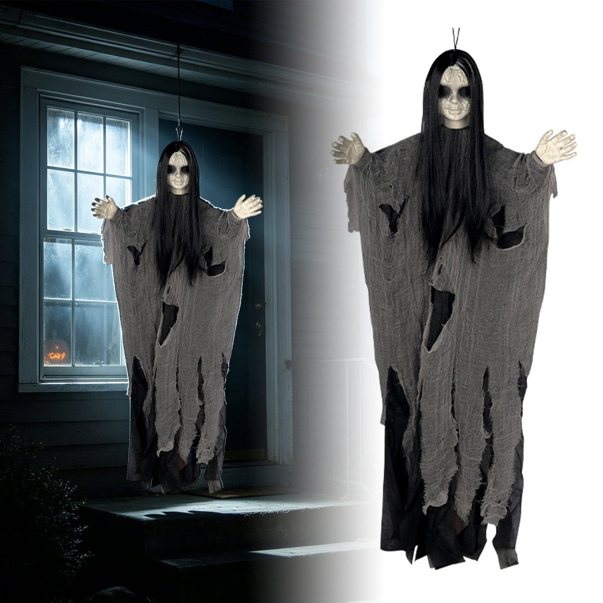 Halloween Witch Hanging Decoration, 45" Scary Witch Skeleton Hangings, Glowing Specters Pendant for Halloween Festival, Eerie Skull Ornament for Party Haunted House Outdoor Props, A