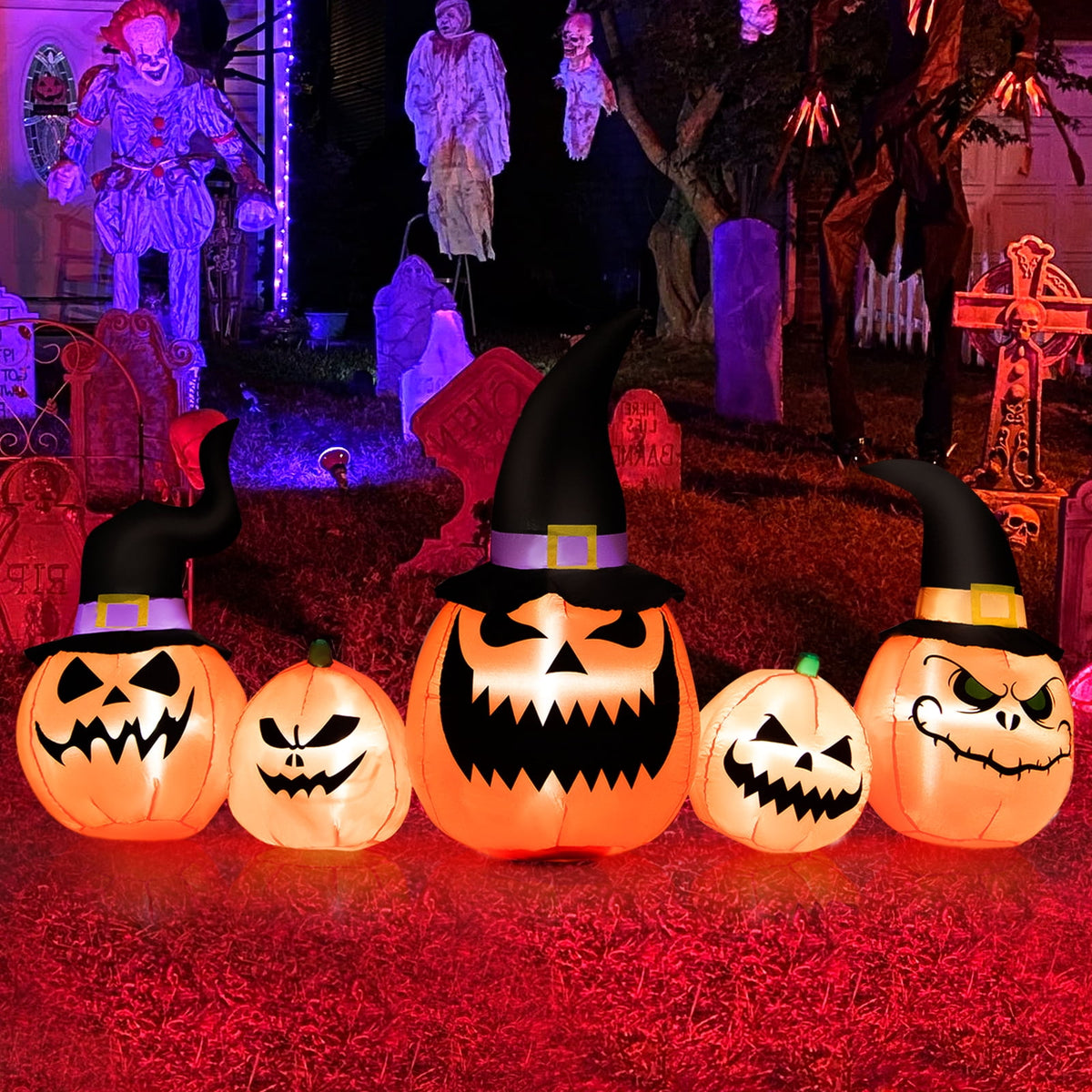 Patiojoy Long Inflatable Pumpkin Family Waterproof Halloween Yard Decoration with Built-in LED Lights Indoor & Outdoor Halloween Decor