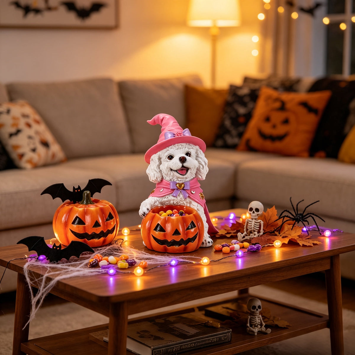 Halloween Witch Puppy Resin Figurine, White Teddy Dog with Pumpkin Candy Bowl for Home Tabletop Decor