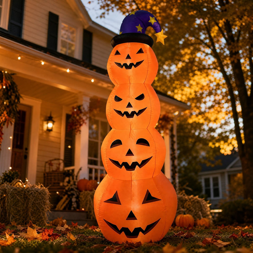 8FT Halloween Inflatable Pumpkin Decoration, Stacked Pumpkin Tower with Wizard Hat and LED Lights, Waterproof Outdoor Yard Blow Up Decor for Front Porch Garden Party Haunted House Display