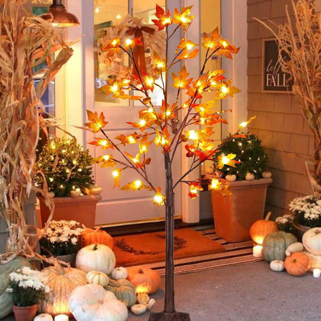 2 Pack LED Lighted Maple Tree, 5 FT Lighted Artificial Tree for Thanksgiving Harvest Fall Festival Halloween Home Party Decoration