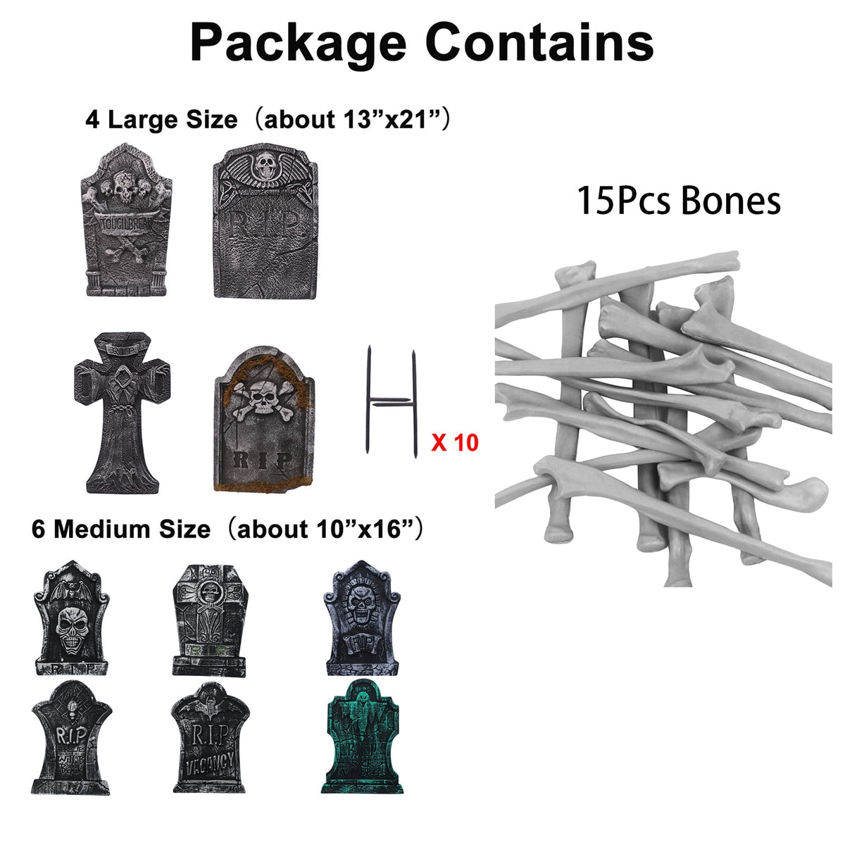 10 Pack Halloween Foam RIP Graveyard Tombstones with 35P Skeleton Bones for Halloween Party Outdoor Decorations