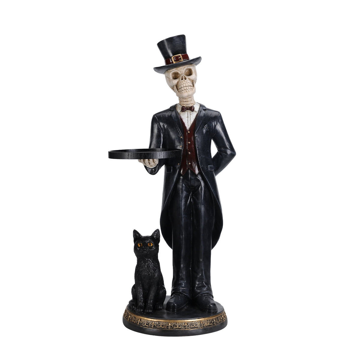 35" Halloween Skeleton Butler Floor Statue with Serving Tray & Black Cat, Gothic Resin Entryway Decor