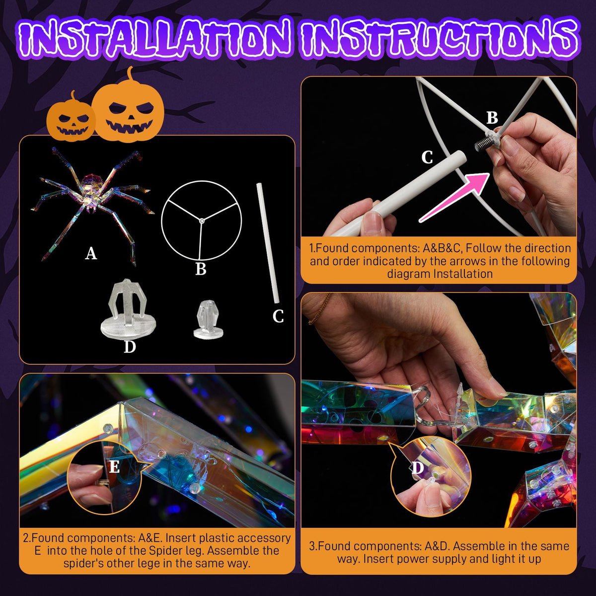 3FT Light Up Halloween Spider - Iridescent Outdoor Decoration with 340 LED Lights for Yard, Porch, and Garden Parties