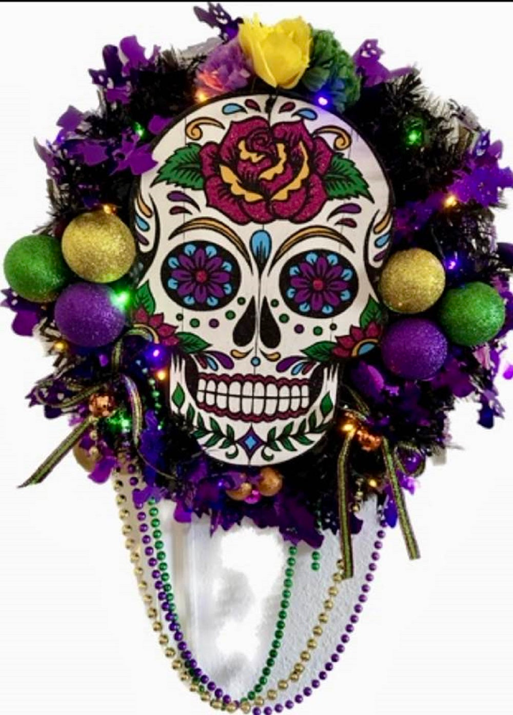 LED LIGHTED Halloween Dia De Los Muertos wreath Day of the Dead Sugar Skull