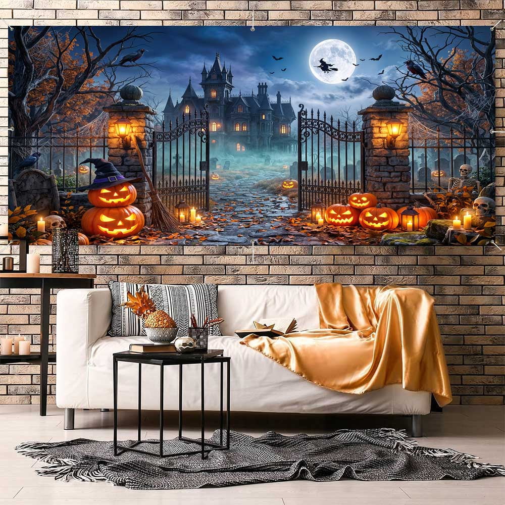16X7ft Halloween Garage Door Cover Decorations, Spooky Skeletons Pumpkin Large Garage Wall Backdrop Hanging Banner for Halloween Yard Indoor Outdoor Party Decor