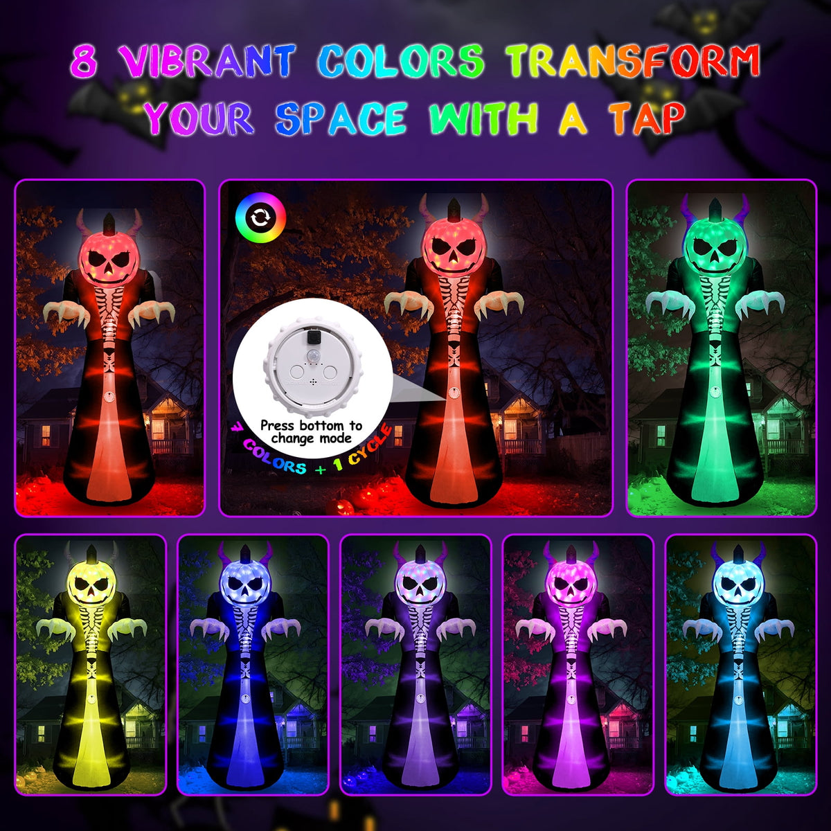 10FT Halloween Inflatable Outdoor Decoration 7 Color RGB Light, Scream Sound Grim Reaper Ghost Halloween Inflatables with Pumpkin Head, Blow Up Yard Decorations for Holiday Party Garden