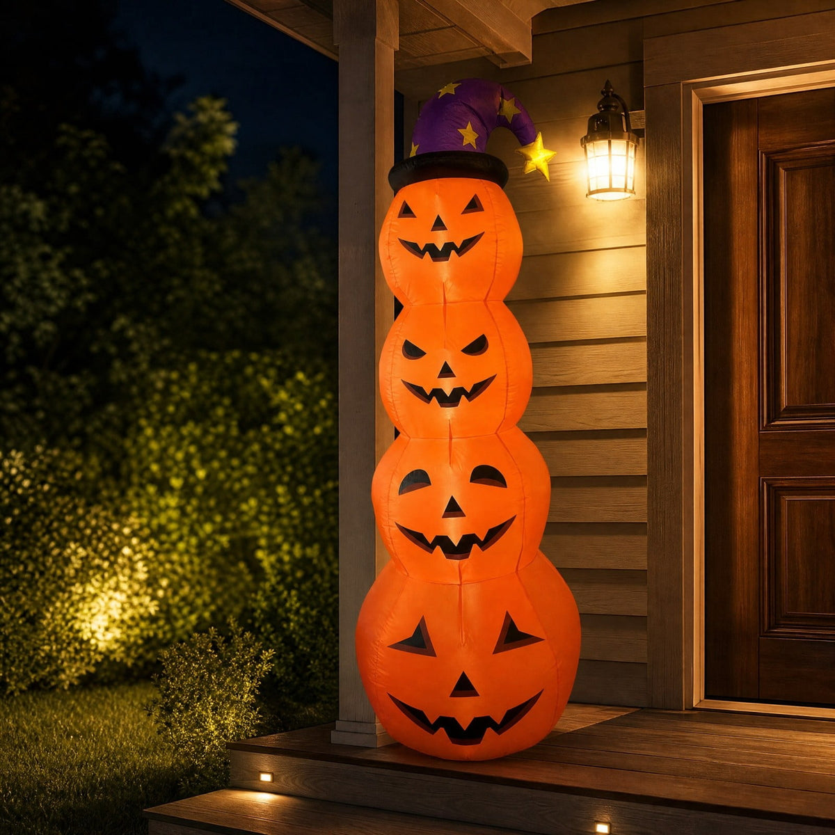 8FT Halloween Inflatable Pumpkin Decoration, Stacked Pumpkin Tower with Wizard Hat and LED Lights, Waterproof Outdoor Yard Blow Up Decor for Front Porch Garden Party Haunted House Display
