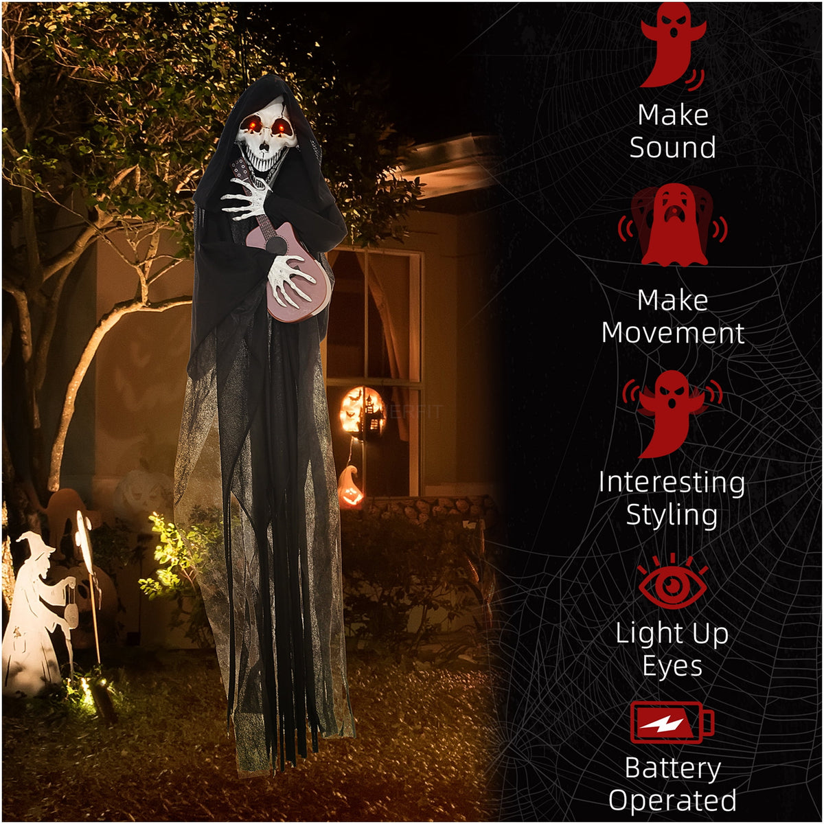 JERFIT Halloween Animatronic Grim Reaper Prop with Motion Sound Activation, Light Up Eyes and Guitar Music for Scary Outdoor Indoor Decor