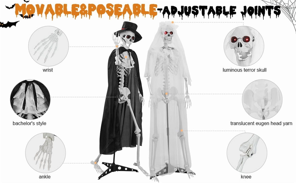 1 Pair 65" Halloween Skeleton, Life Size Full Body Bones Posable Skeleton, Halloween Bride Groom Skeleton, Simulated Skeleton with Movable Joints, Halloween Decoration-1 Pair