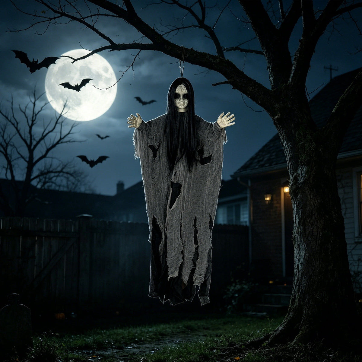 Halloween Witch Hanging Decoration, 45" Scary Witch Skeleton Hangings, Glowing Specters Pendant for Halloween Festival, Eerie Skull Ornament for Party Haunted House Outdoor Props, A