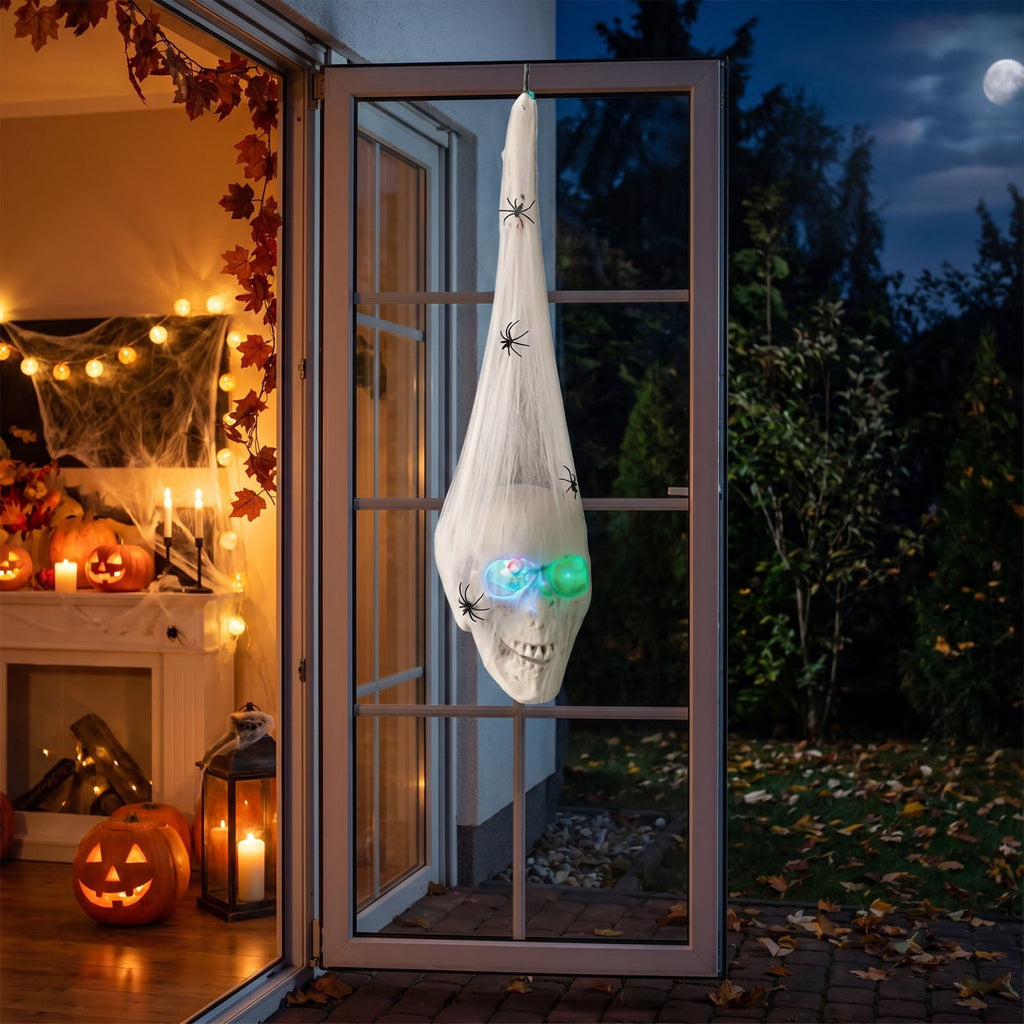 Spooky Hanging Decoration 25.6 Inch Glowing Skeleton Skull with Led Eyes, Gauze Wrapped Scary Ornament for Halloween Party, Indoor Outdoor Yard Decor