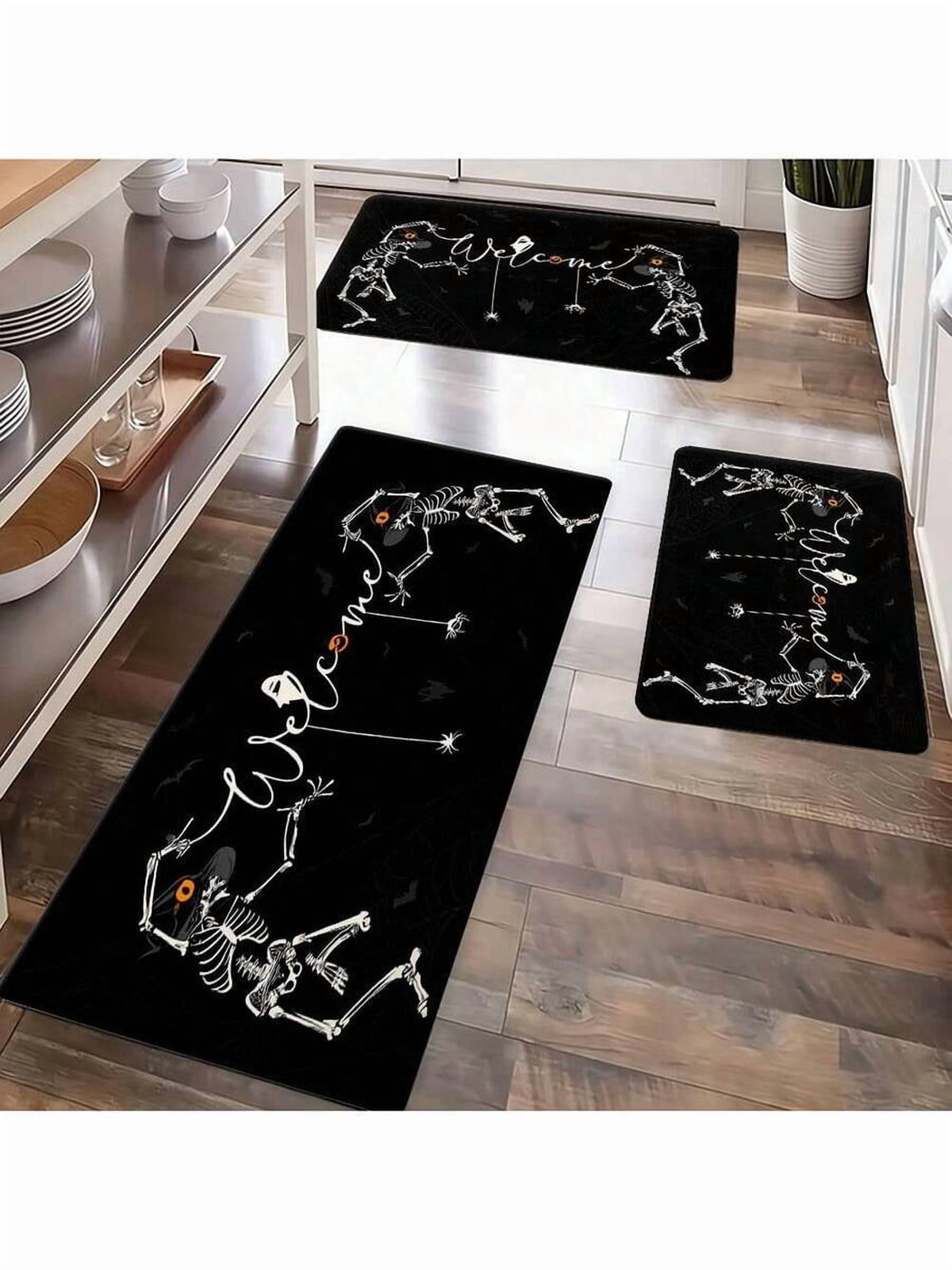 Halloween Skeleton Welcome Floor Mat Set - 2 Piece Black Polyester Non-Slip Kitchen & Entryway Mats (40x60+45x120cm)
