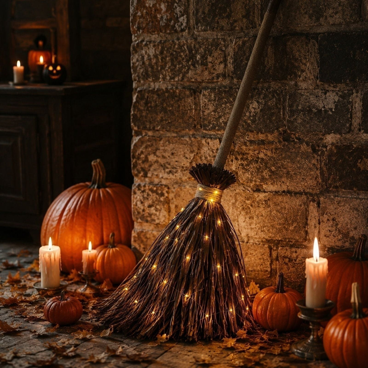 Halloween Light-Up Witch Decoration, Glowing Broomstick Prop with Built-in LED Lights, Sturdy Iron Frame for Indoor Outdoor Party Decor, Ready-to-Display Festive Accent for Haunted House