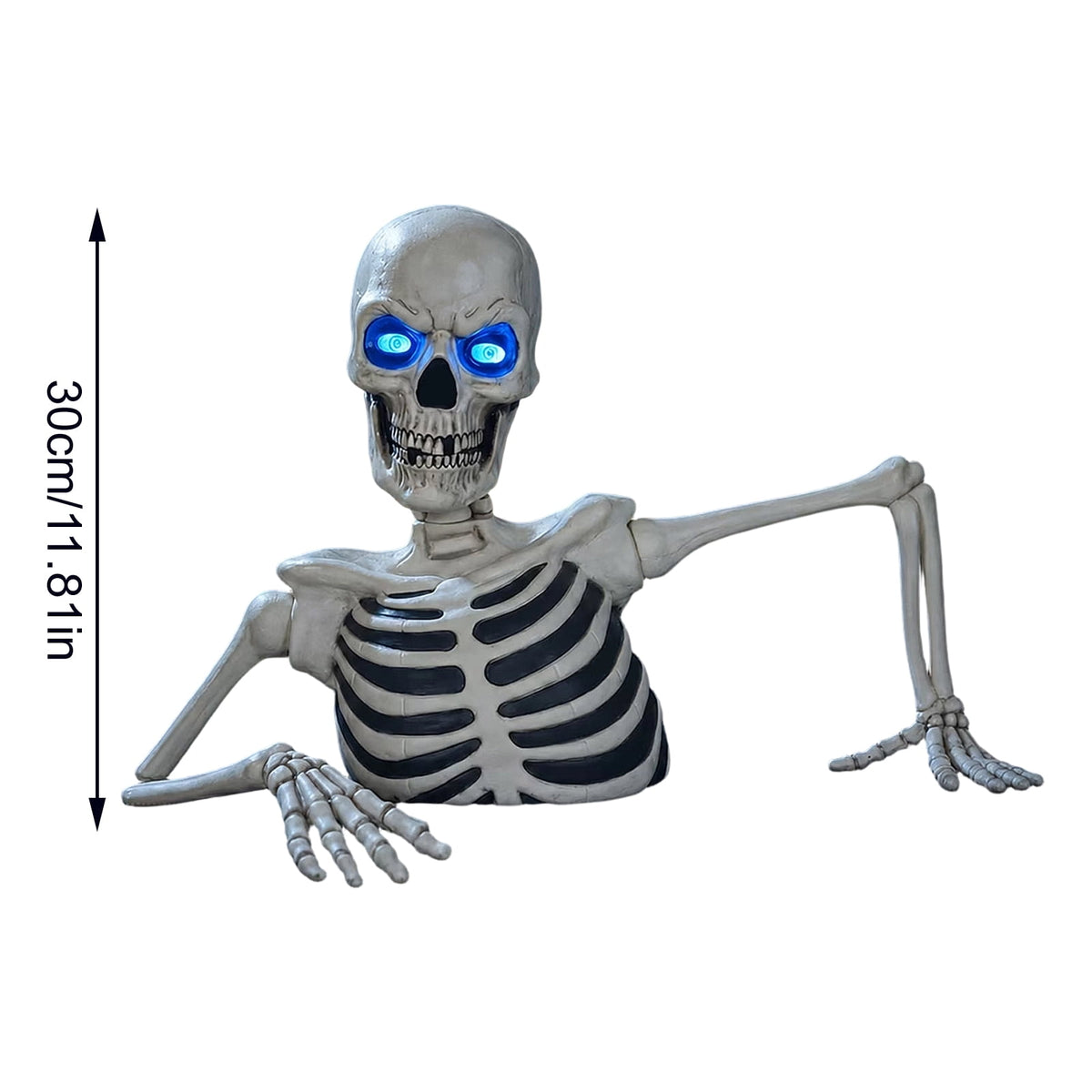 11.8in Halloween Groundbreaker Skeleton Light Up Blue Eyes Lighted Skeleton Bust Prop Outdoor Yard Graveyard Novelty Gift Decor