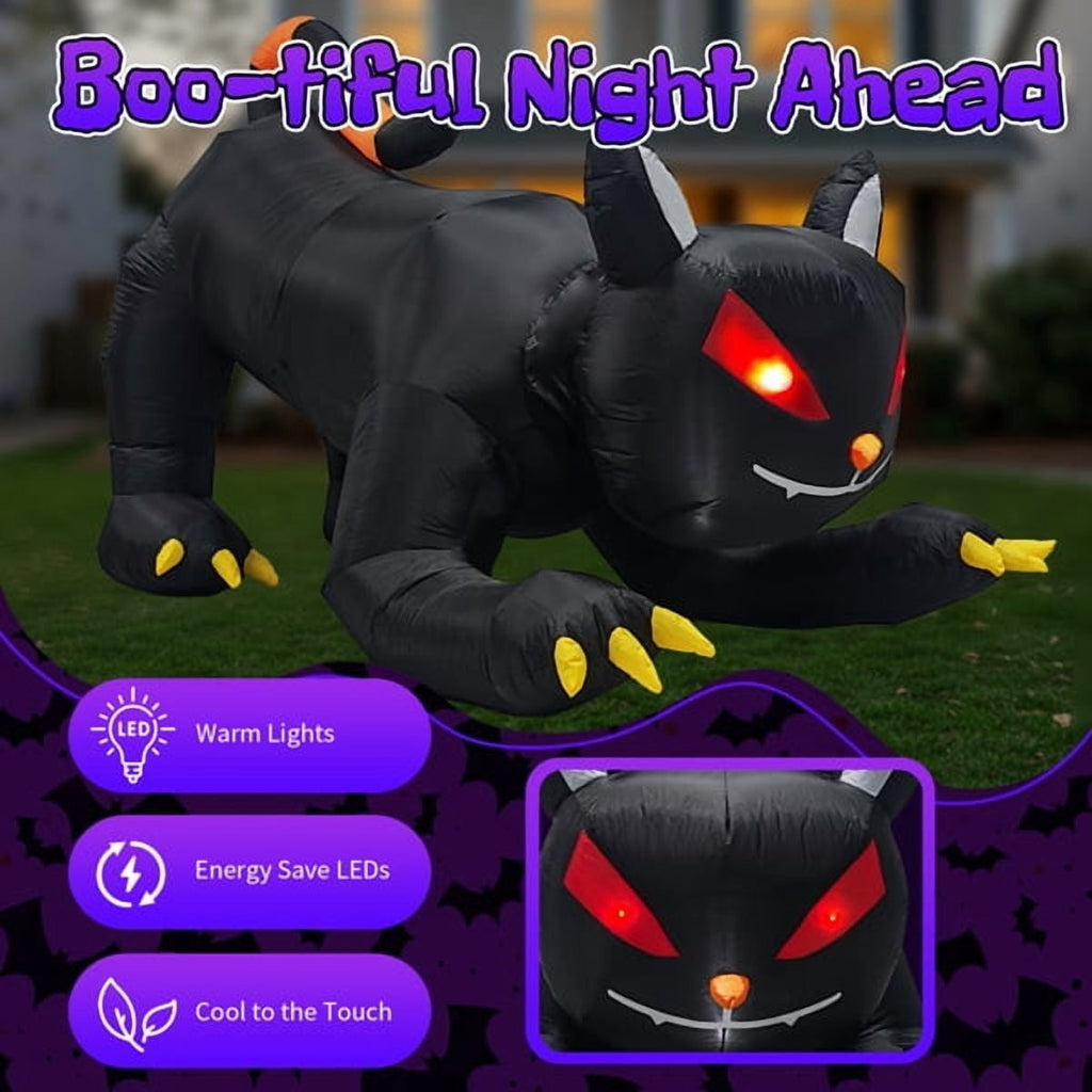6.5FT Halloween Inflatable Animated Black Cat, Weather-Resistant Polyester, Quick Inflation with Stakes/Ropes for Yard/Patio