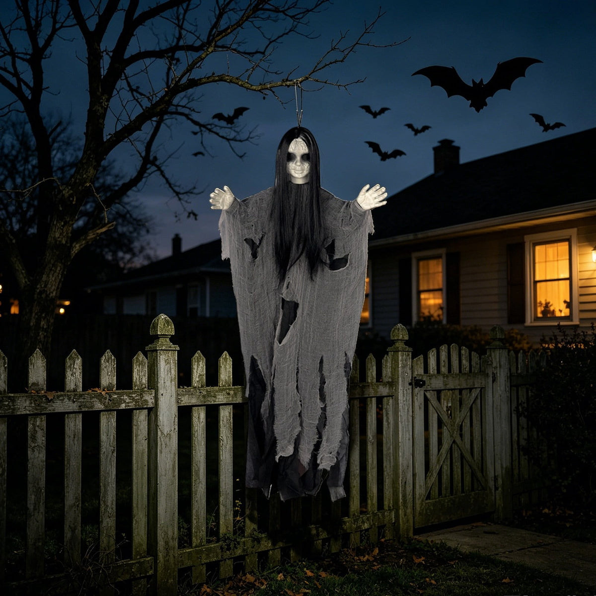 Halloween Witch Hanging Decoration, 45" Scary Witch Skeleton Hangings, Glowing Specters Pendant for Halloween Festival, Eerie Skull Ornament for Party Haunted House Outdoor Props, A