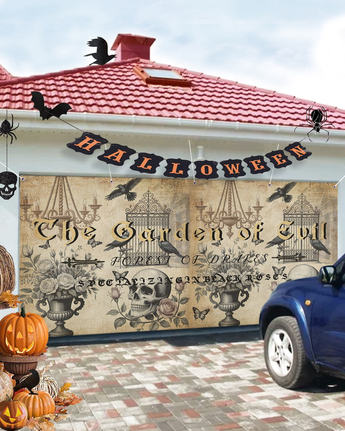 Vintage Skeletons Head Garage Door Banner Cover 7 x 16 ft Crows Halloween Rose Flower Candle Holders Garage Door Decoration Hanging Garage Door Cover Backdrop Wall Decoration for Outdoor Home Party