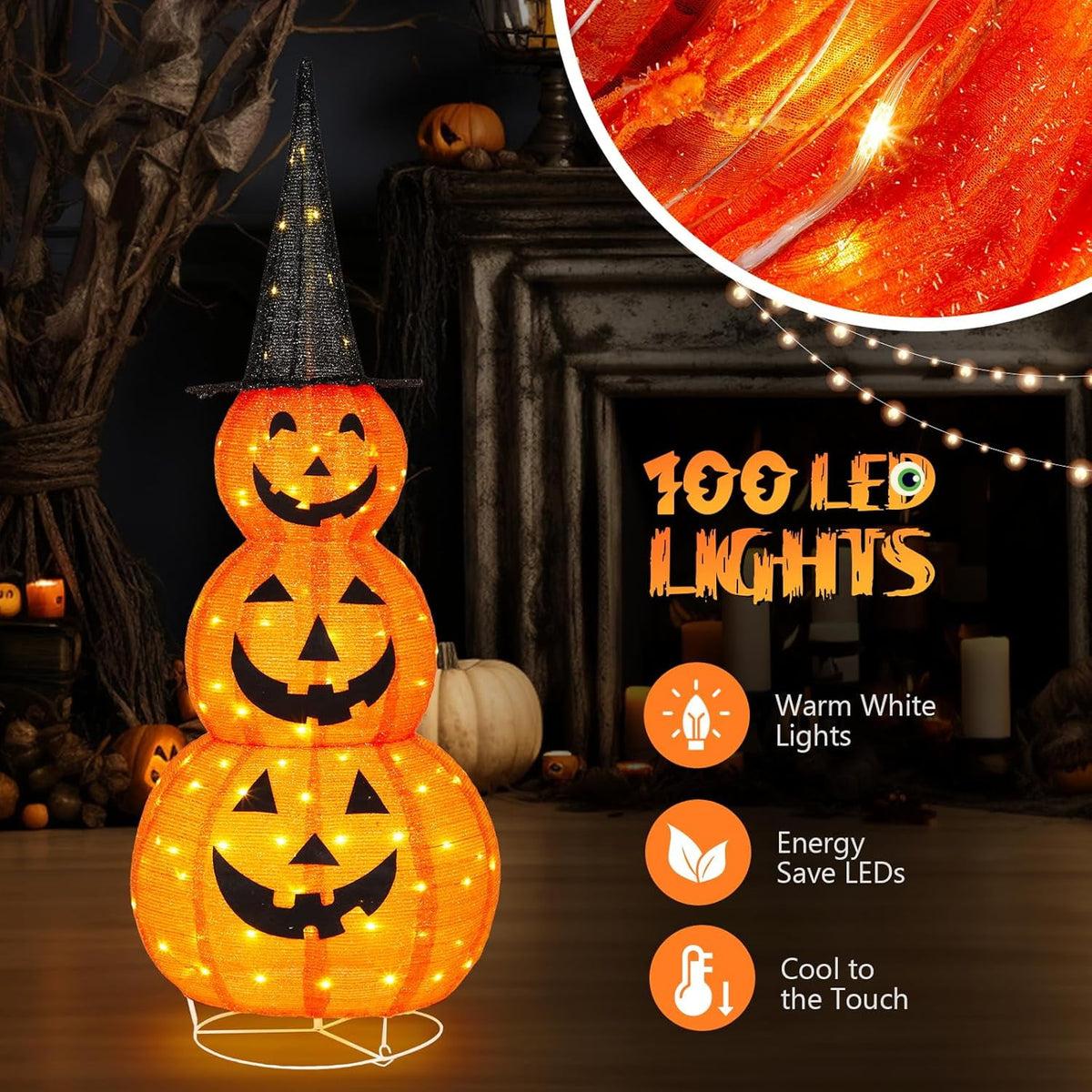 VINGLI 4FT Scary Lighted Halloween Decorations Outdoor, Pop Up Halloween Ghost Decorations, Light Up Ghost Decor with Pre-lit 135 LEDs, Cute Broom, Black Hat for Porch Yard Lawn Patio