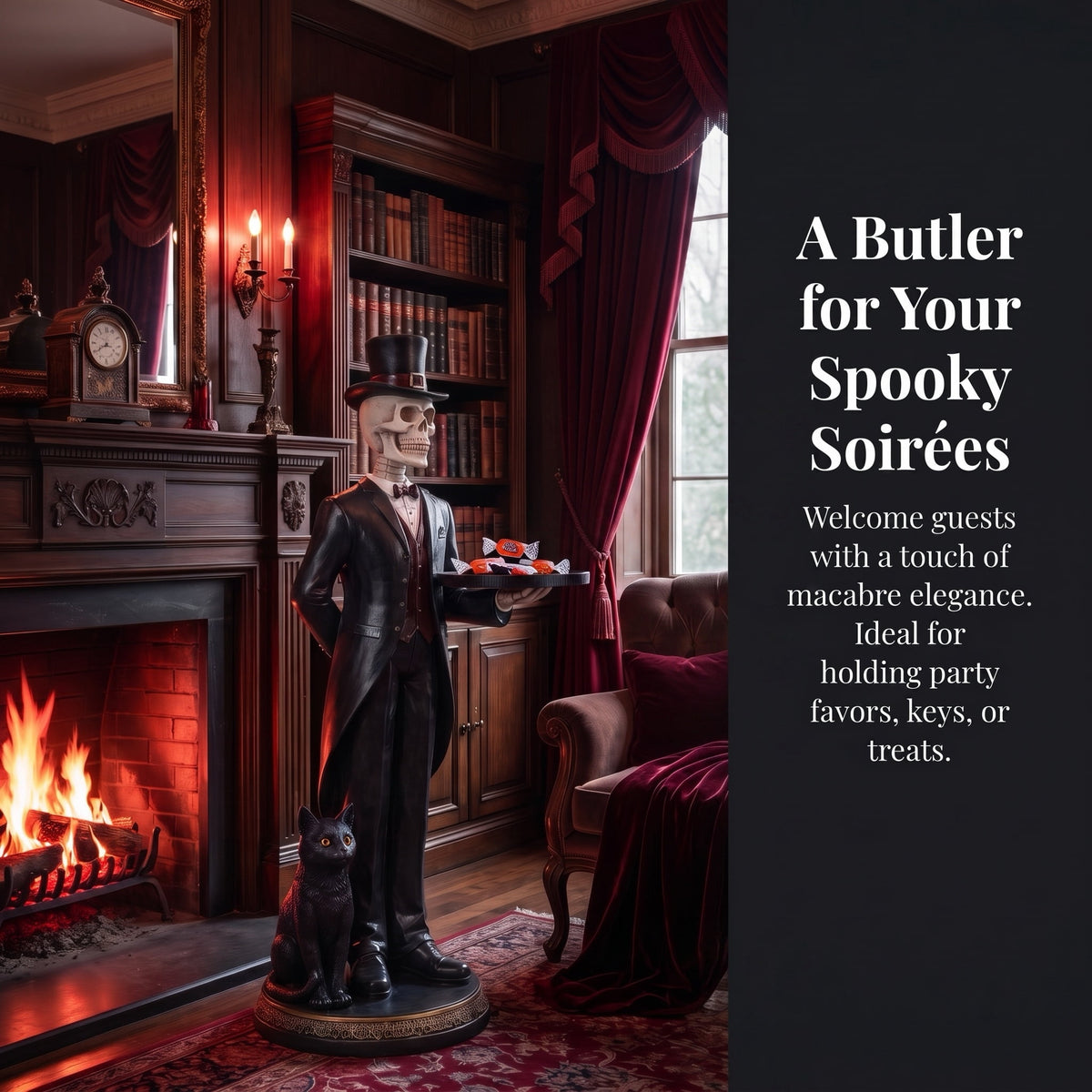 35" Halloween Skeleton Butler Floor Statue with Serving Tray & Black Cat, Gothic Resin Entryway Decor