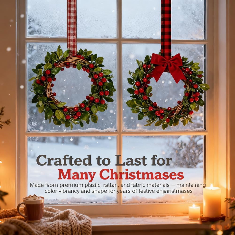 Christmas Mini Wreaths, Set of Small Artificial Pine Cabinet Rings with Bows & Berries, Holiday Door & Window Decor, Hanging Indoor Outdoor Christmas Decorations (Black/Red Check, 10PCS)