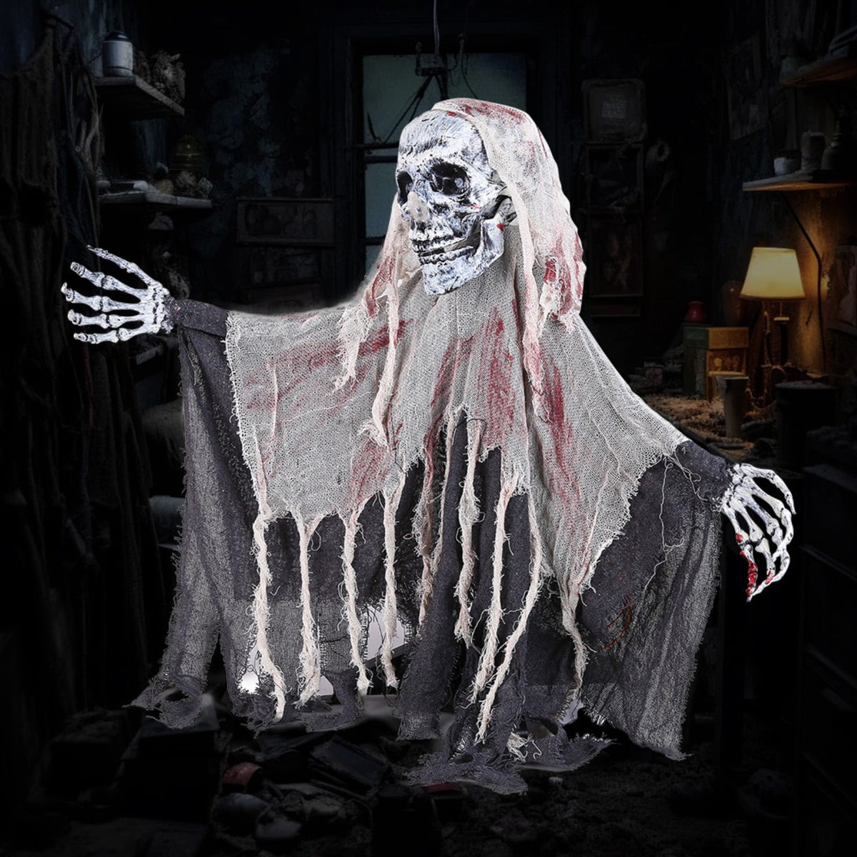 XHKUYI Halloween Sound Activated Skeleton Ghost Decor 21 inches, Light Up Creepy Bloody Tattered Gauze Ghost, Hanging Ghost Prop for Haunted House, Yard, Door & Party Decor