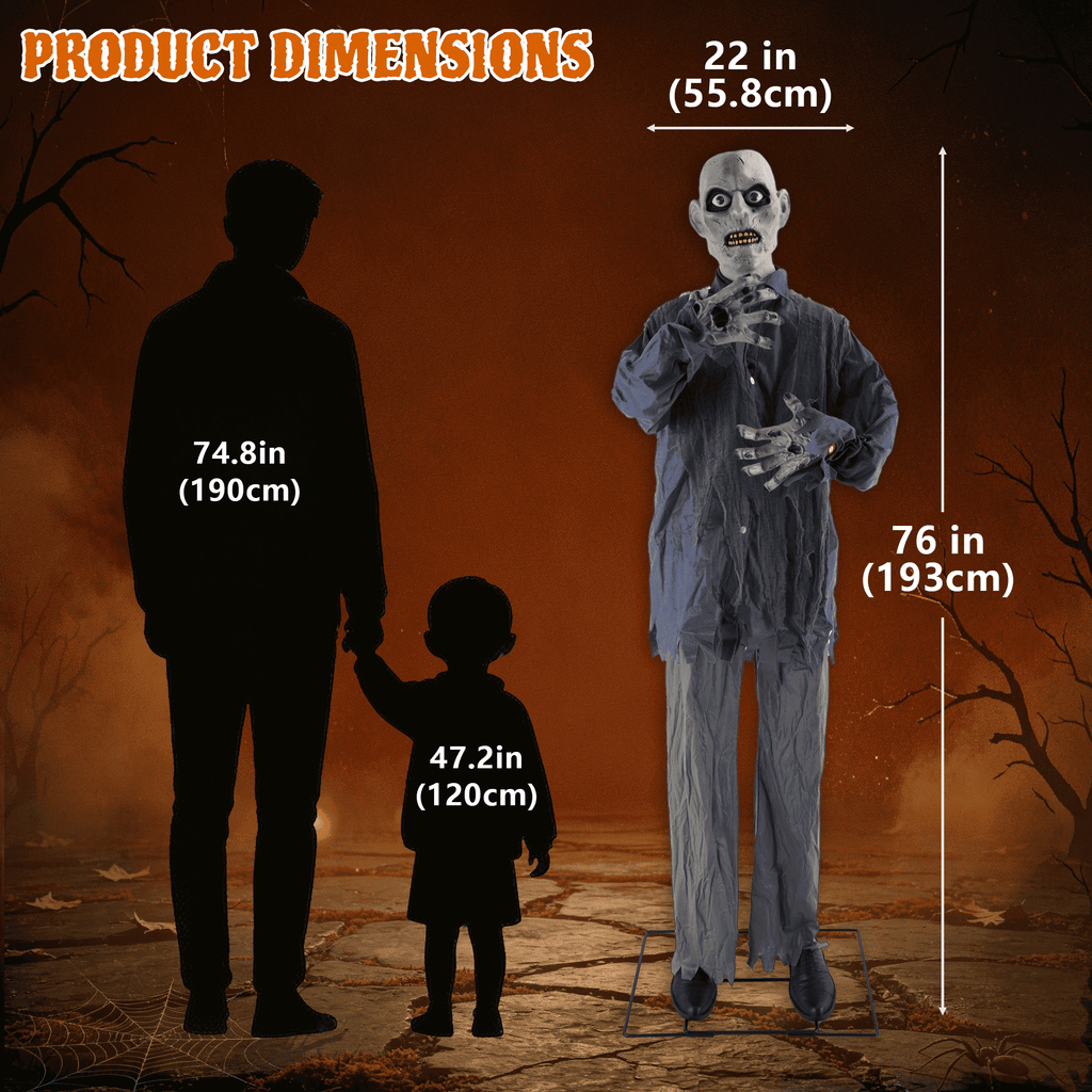 76-Inch Animated Standing Zombie Halloween Decoration with Red Glowing Eyes, Swaying Motion, Spooky Sounds and Metal Stand