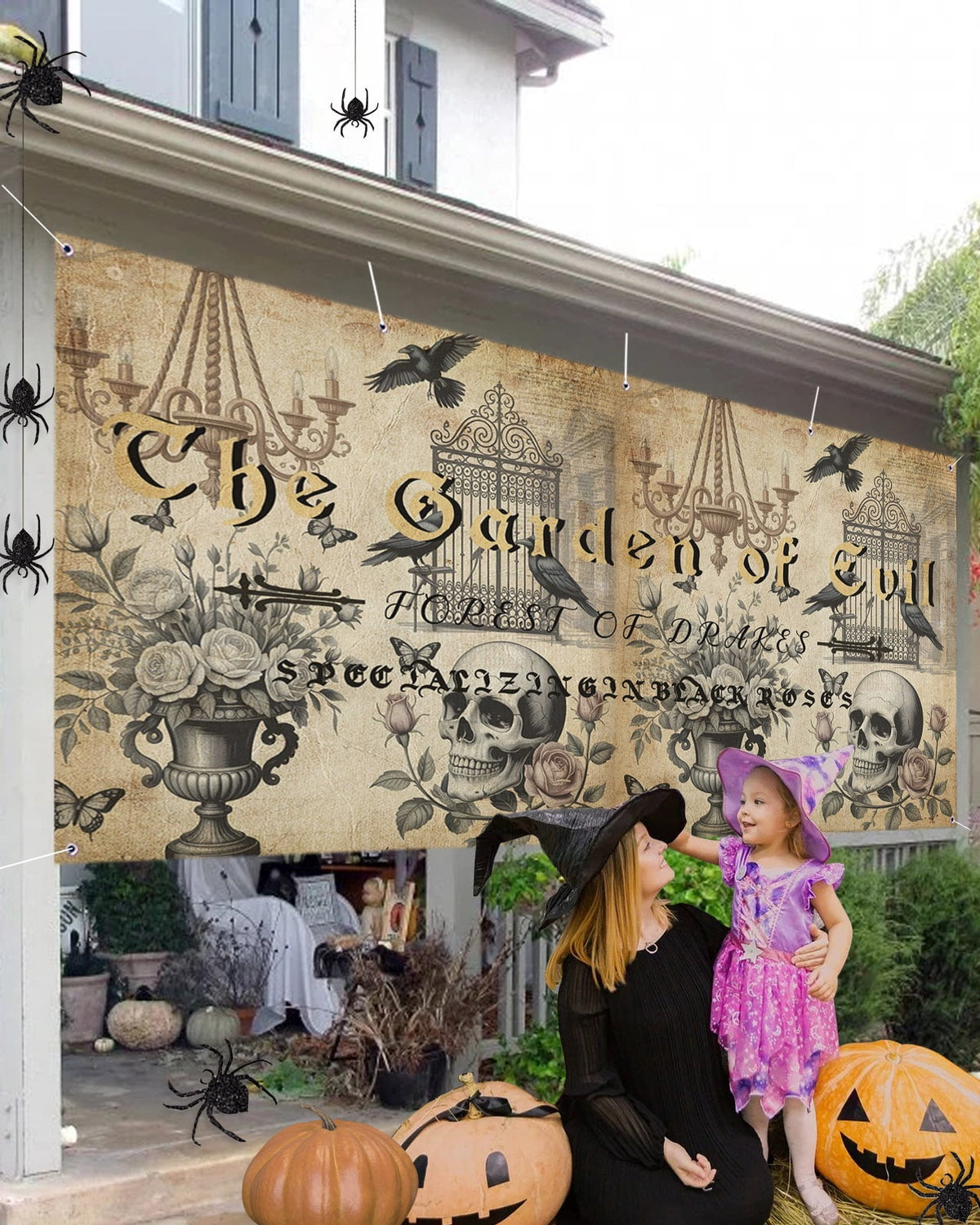 Vintage Skeletons Head Garage Door Banner Cover 7 x 16 ft Crows Halloween Rose Flower Candle Holders Garage Door Decoration Hanging Garage Door Cover Backdrop Wall Decoration for Outdoor Home Party