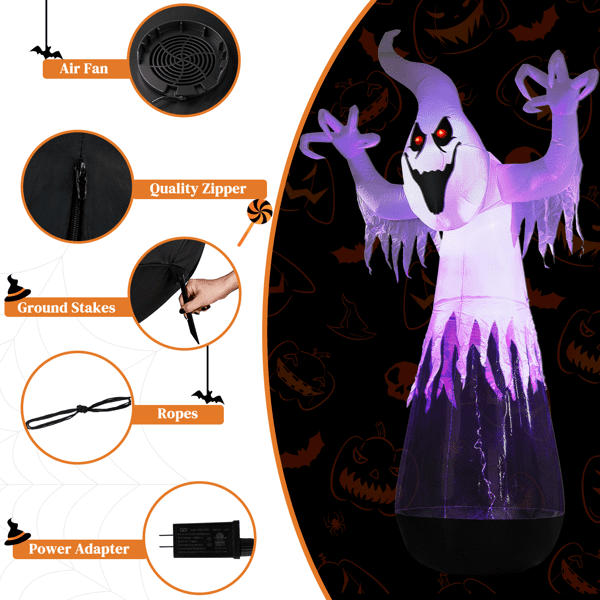COTINSE 12 FT Halloween Inflatable Ghost with 2 LED Lights & Stage Light, Giant Clear PVC Blow Up Yard Decoration, Black & White