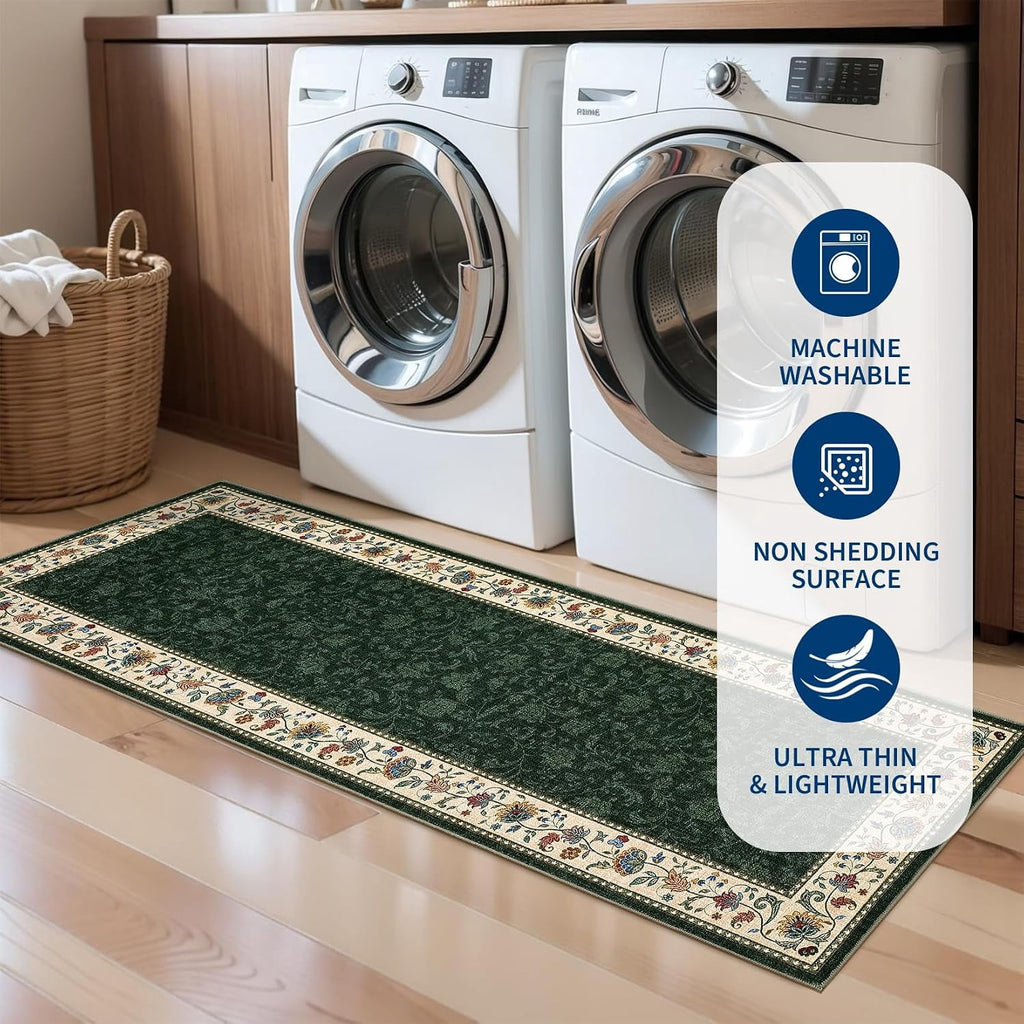 Large Living Room Rug 10x13 Non-Slip Floral Indoor Carpet Washable Floral Bordered Floor Mat Low Pile Non-Shedding Foldable Neutral Bedroom Rugs for Dining Room Nursery Home Office Red