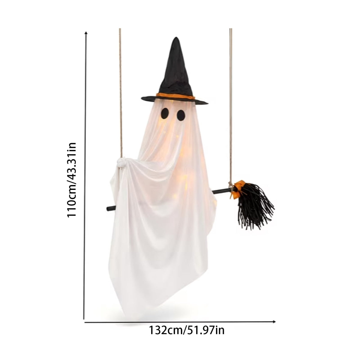 51.97 in Halloween Hanging Ghost Decor on Broom, Swing Ghost with Witch Hat, Light Up Ghost with Remote Control, LED Glowing Ghost Ornament for Tree Porch Yard Indoor Outdoor Haunted House Decor,A