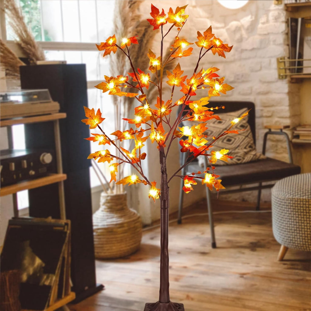 2 Pack LED Lighted Maple Tree, 5 FT Lighted Artificial Tree for Thanksgiving Harvest Fall Festival Halloween Home Party Decoration