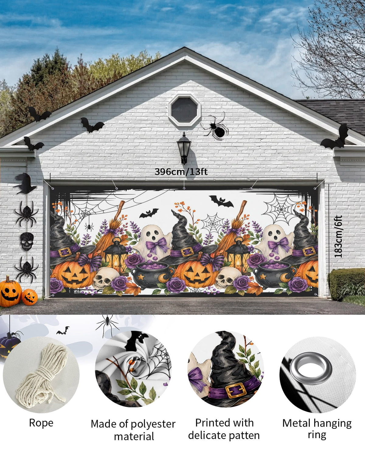 Halloween Garage Door Banner Cover 7 x 16 ft Fall Fantasy Ghosts Wizard Hats Lanterns Bubbling Potions Garage Door Decoration Hanging Garage Door Cover Backdrop Wall Decoration for Outdoor Home Party