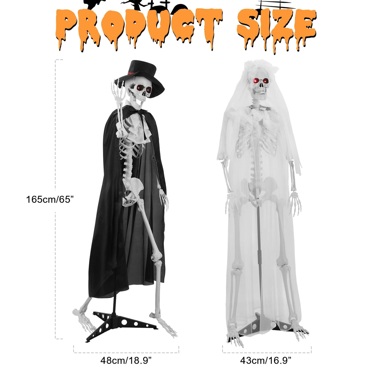 1 Pair 65" Halloween Skeleton, Life Size Full Body Bones Posable Skeleton, Halloween Bride Groom Skeleton, Simulated Skeleton with Movable Joints, Halloween Decoration-1 Pair